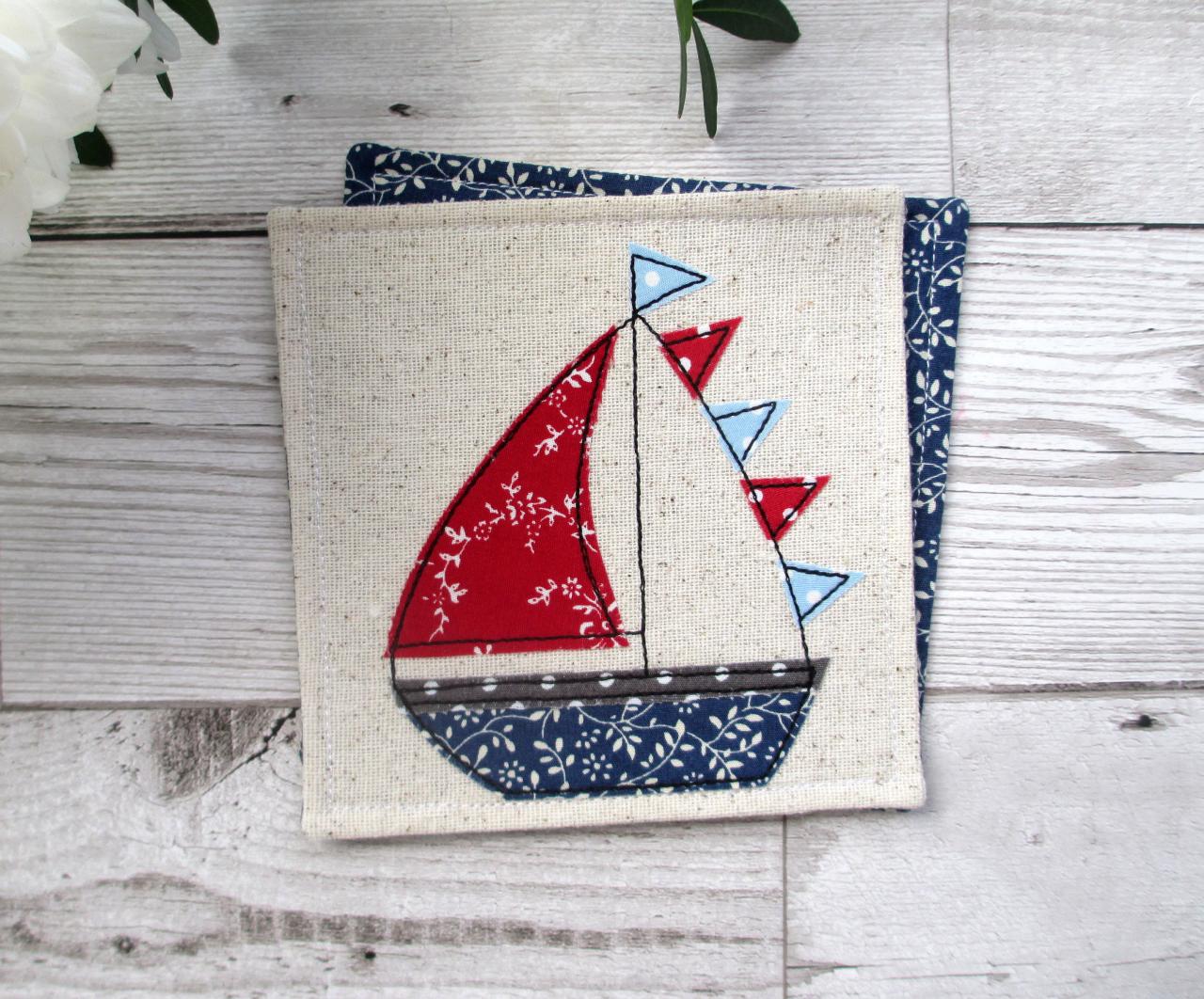 Sailboat Fabric Coaster, Nautical Housewarming Gift, Coastal Table Decor