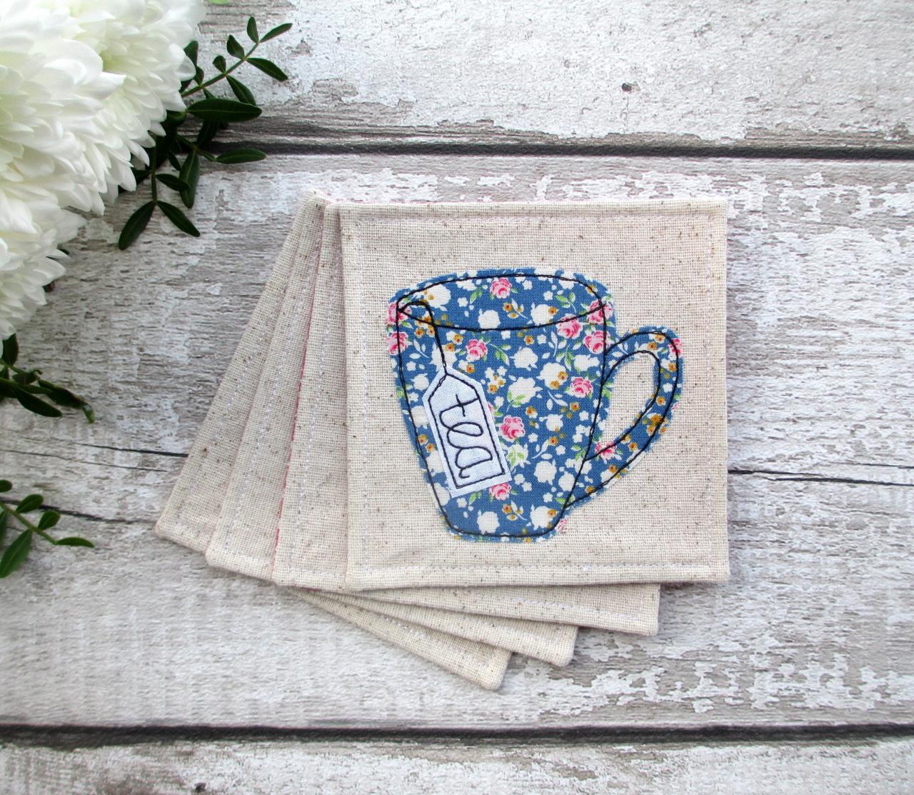 Set Of 4 Fabric Coasters, Housewarming Gift For A Tea Lover