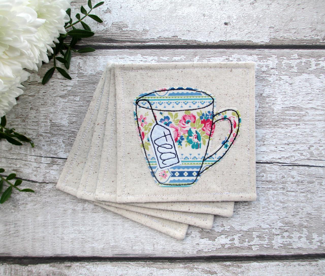 Set Of 4 Fabric Coasters, Unique Tea Gift For A Friend