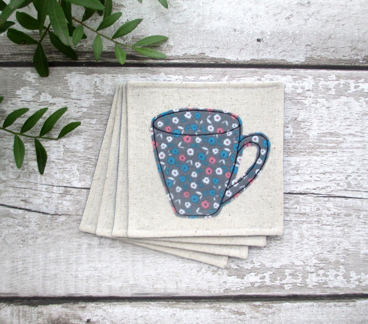 Set Of 4 Fabric Mug Coasters, Housewarming Gift Idea