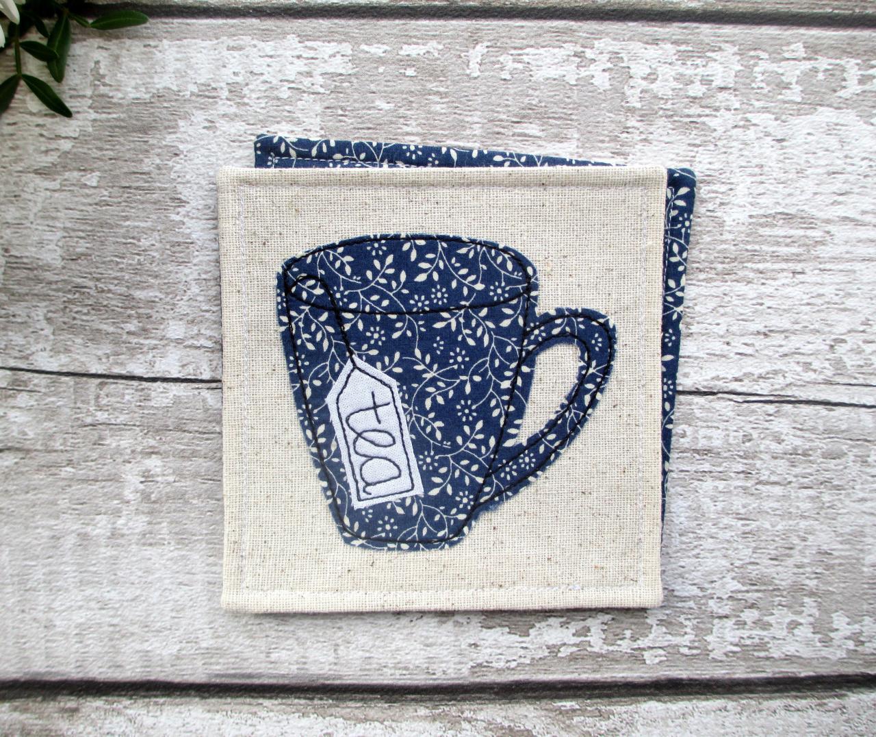 Blue Fabric Coaster, Housewarming Gift For A Tea Lover
